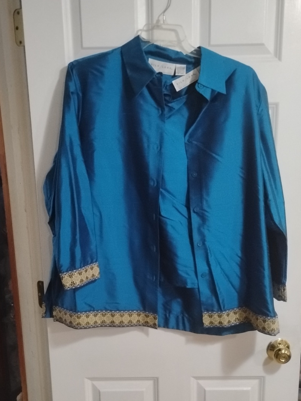 Silk-Lore Teal Button-Down Shirt with Decorative Trim And Cami